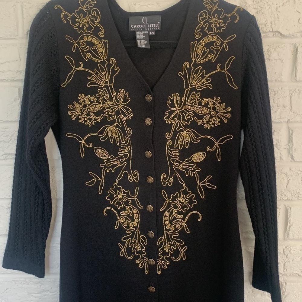 CAROLE Little Vintage Black with Gold Floral Embroidery Sweater Dress